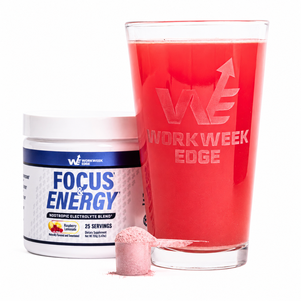 Workweek Edge raspberry lemonade drink mix blended with water for clean workday energy