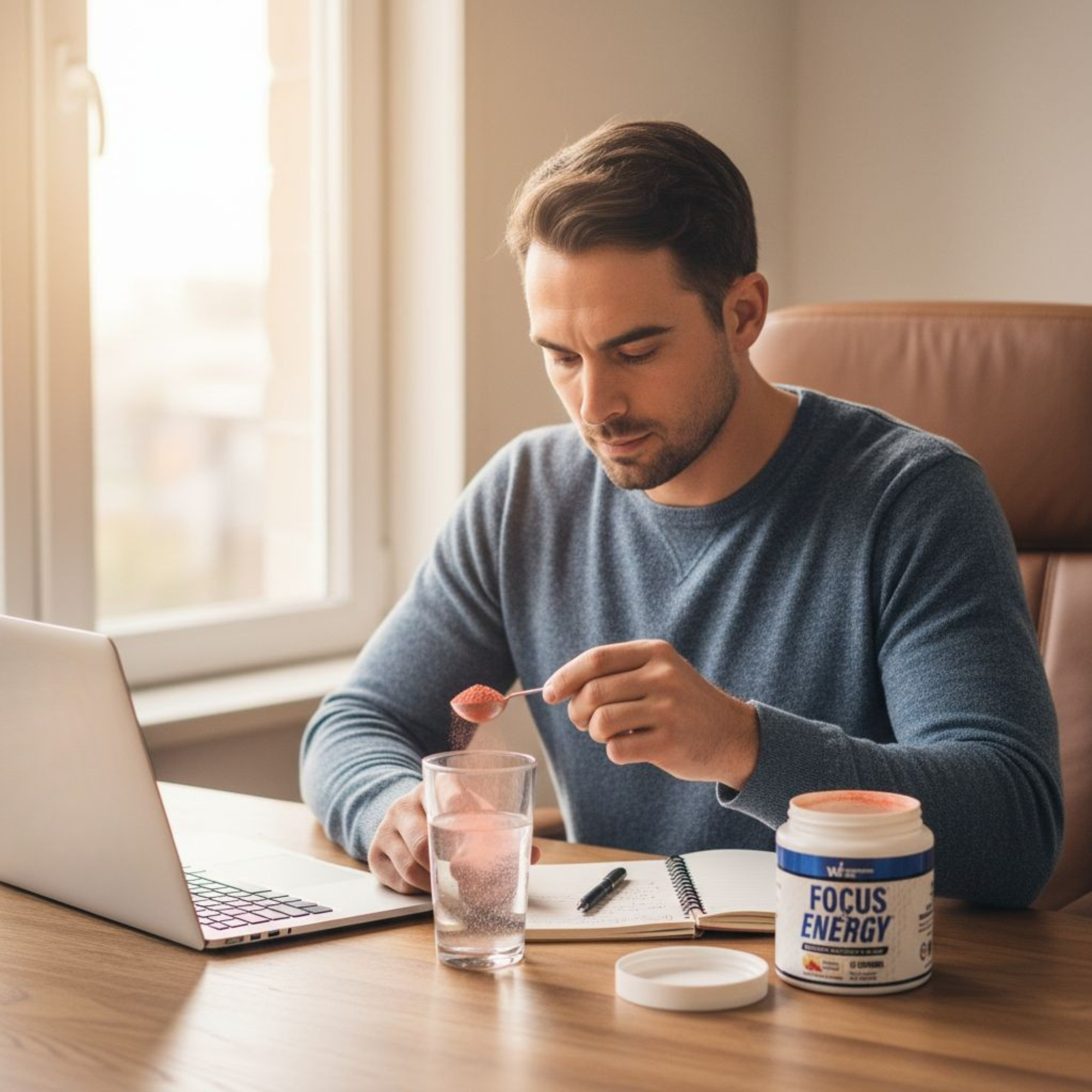 Man preparing Focus and Energy supplement powder in water while working at a desk